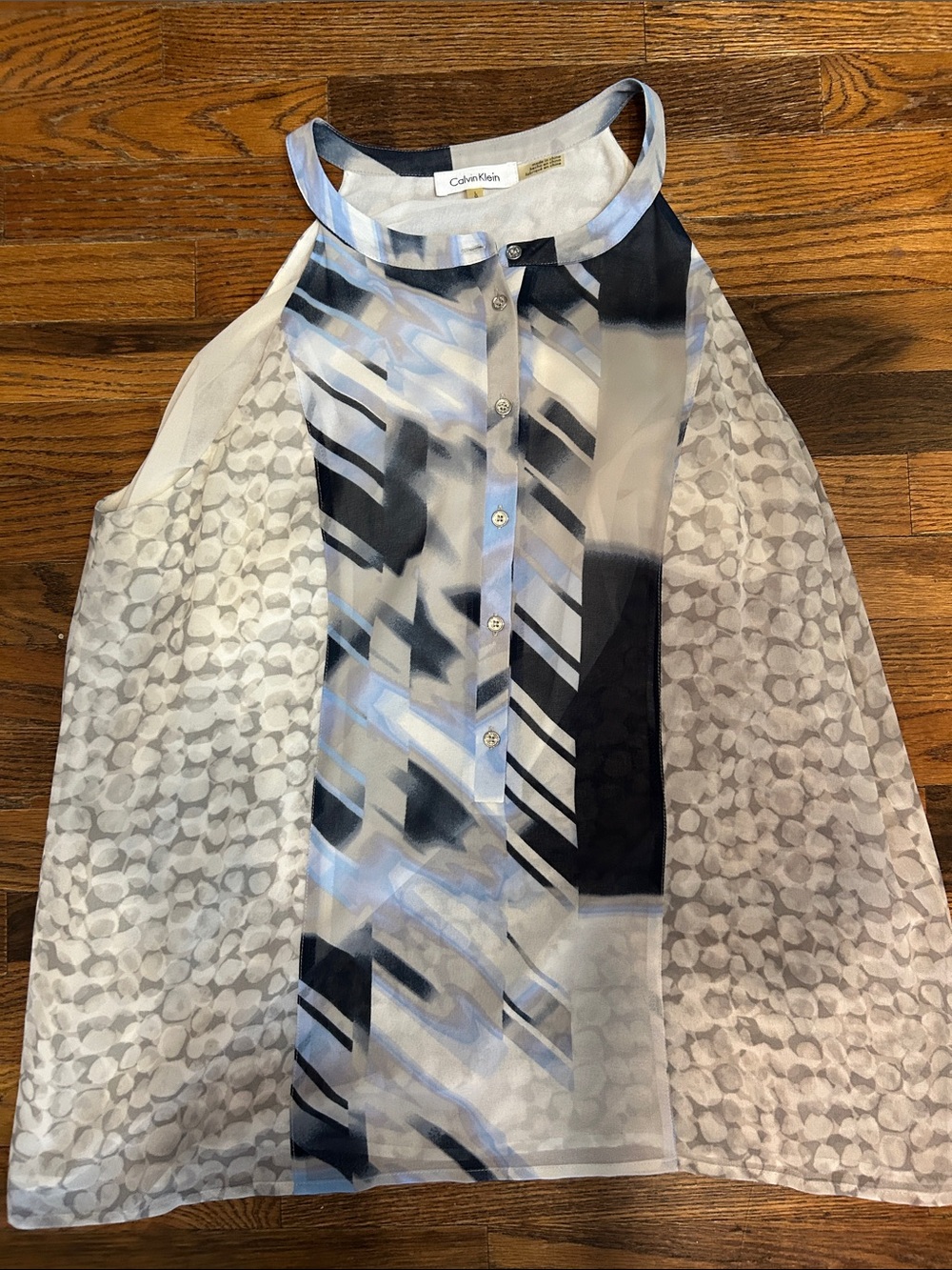 Calvin Klein Sheer Blue, Black & White Halter Blouse